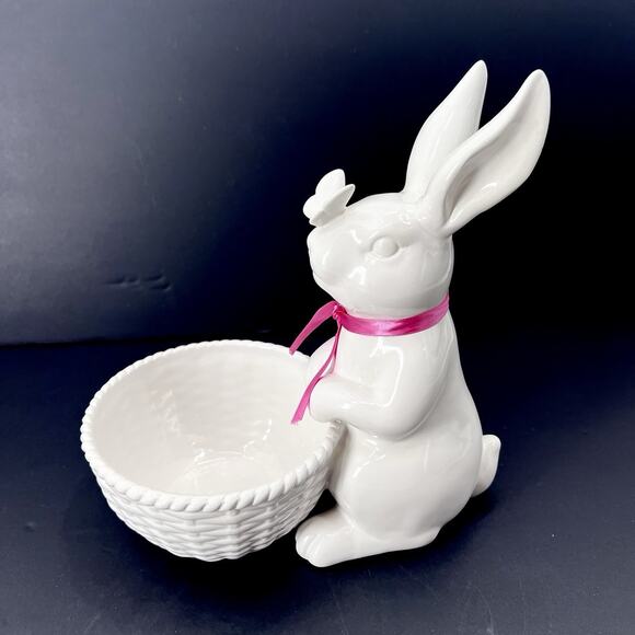 Williams Sonoma Ceramic Bunny Rabbit with Basket and Butterfly Candy Dish - Picture 1 of 8
